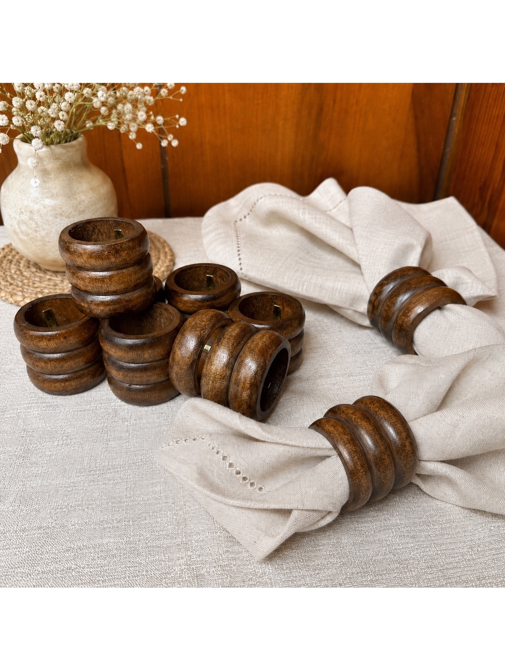 Vintage Dark Wood Napkin Rings Set Of 4 Rustic Boho Table Decor